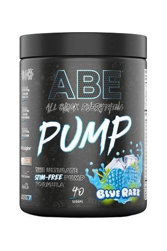 Applied Nutrition ABE Pump, stimulant-free pre-workout, Blue Razz flavor, for intense focus and muscle pumps.