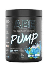 Applied Nutrition ABE Pump, stimulant-free pre-workout, Blue Razz flavor, for intense focus and muscle pumps.