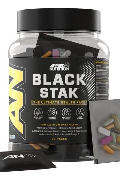 Applied Nutrition Black Stak health pack featuring 30 individual packs for improved recovery and wellness.