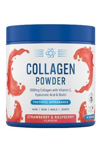 Applied Nutrition Collagen Powder with Strawberry & Raspberry flavor promoting youthful skin, hair, nails, and joints.