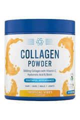 Applied Nutrition Collagen Powder container, promoting youthful skin, hair, nails, and joints with tropical flavor.