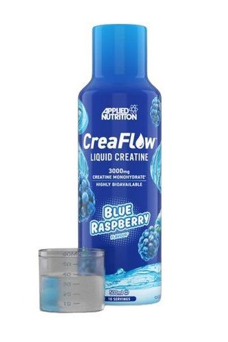 Applied Nutrition CreaFlow Liquid Creatine Blue Raspberry flavor, 3000mg, with measuring cup.