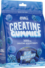 Applied Nutrition Creatine Gummies with blue raspberry flavor, 3000mg creatine per serving, vegan and gluten-free.