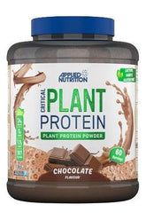 Applied Nutrition Critical Plant Protein powder in chocolate flavor, featuring 24g protein per serving, vegan-friendly.