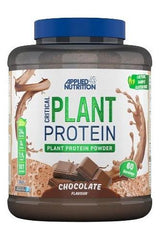 Applied Nutrition Critical Plant Protein powder in chocolate flavor, featuring 24g protein per serving, vegan-friendly.