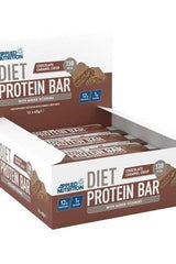 Applied Nutrition Diet Protein Bar box with 12 chocolate caramel crisp bars, each containing 12g protein and added vitamins.