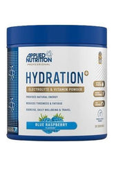 Applied Nutrition Hydration+ electrolyte and vitamin powder for natural energy, reducing fatigue, blue raspberry flavor.