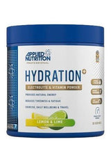 Applied Nutrition Hydration+ electrolyte and vitamin powder in lemon & lime flavor for energy and wellness.