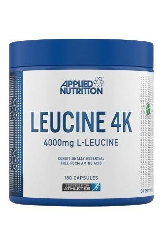 Applied Nutrition Leucine 4K, 4000mg L-Leucine in a blue container, 180 capsules for muscle support.