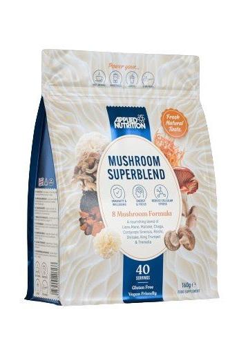 Applied Nutrition Mushroom Superblend 160g packaging featuring 8 mushroom formula, gluten-free and vegan-friendly.