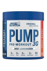 Applied Nutrition Pump 3G Pre-Workout in blue packaging with fruit burst flavor for enhanced endurance and performance.