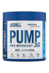 Applied Nutrition Pump 3G Pre-Workout container, icy blue raz flavor, with key ingredients and 50 servings.
