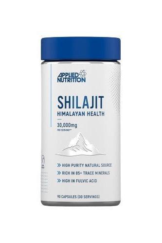 Applied Nutrition Shilajit supplement bottle highlighting Himalayan health benefits and high purity, 90 capsules.