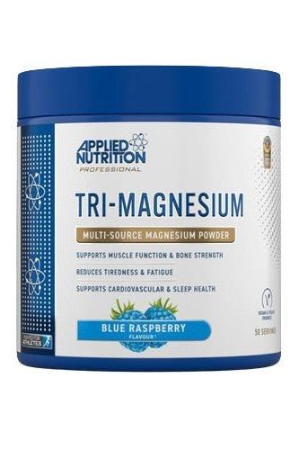 Applied Nutrition Tri-Magnesium powder in blue raspberry flavor, supports muscle function and improves sleep quality.