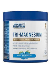 Applied Nutrition Tri-Magnesium powder in blue raspberry flavor, supports muscle function and improves sleep quality.