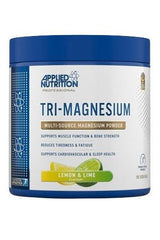 Applied Nutrition Tri-Magnesium powder container, supports muscle function and sleep, lemon and lime flavor.