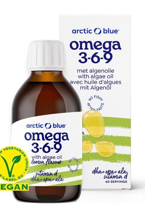Arctic Blue Omega 3-6-9 Algae Oil with Vitamin D, vegan formula, lemon flavor, 60 servings per bottle.