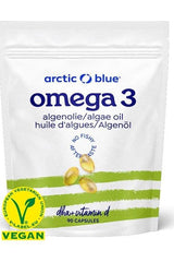 Arctic Blue Omega 3 algae oil capsules, vegan source of DHA with Vitamin D, 90 capsules packaging.