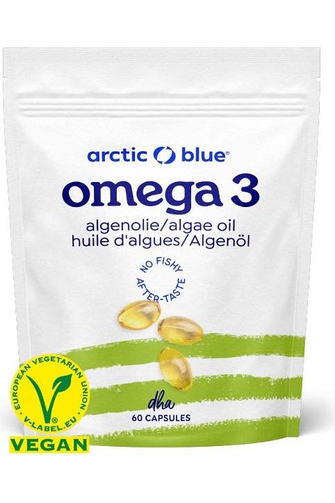Arctic Blue Omega 3 algae oil capsules, vegan, 60 capsules, no fishy aftertaste, eco-friendly packaging.