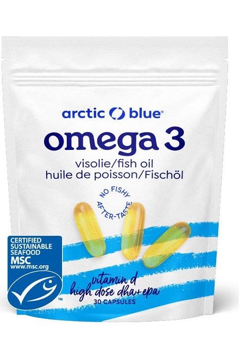 Arctic Blue fish oil capsules with high dose DHA, EPA, and Vitamin D, promoting heart and brain health.