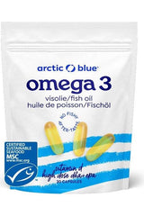 Arctic Blue fish oil capsules with high dose DHA, EPA, and Vitamin D, promoting heart and brain health.
