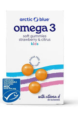 Arctic Blue Omega-3 kids soft gummies in strawberry and citrus flavors, sugar-free with Vitamin D.