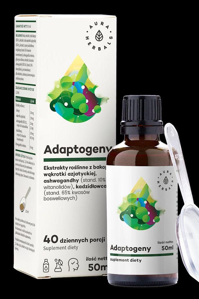 Aura Herbals Adaptogens 50ml bottle with plant extracts for mental health and cognitive function.