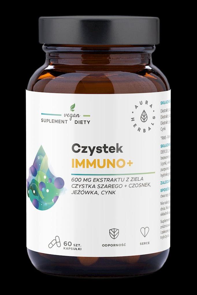Aura Herbals Cistus Immuno+ supplement bottle with 600 mg extract for immune support and heart health - 60 capsules.