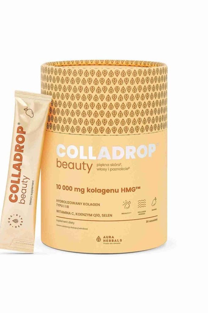 Aura Herbals Colladrop Beauty jar with sachet, contains 10000 mg HMG collagen for beauty benefits.