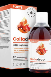 Aura Herbals Colladrop Forte bottle with marine collagen and packaging featuring benefits and nutrient information.