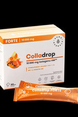 Aura Herbals Colladrop Forte packaging with sticks of marine collagen supplement, promoting skin and joint health.