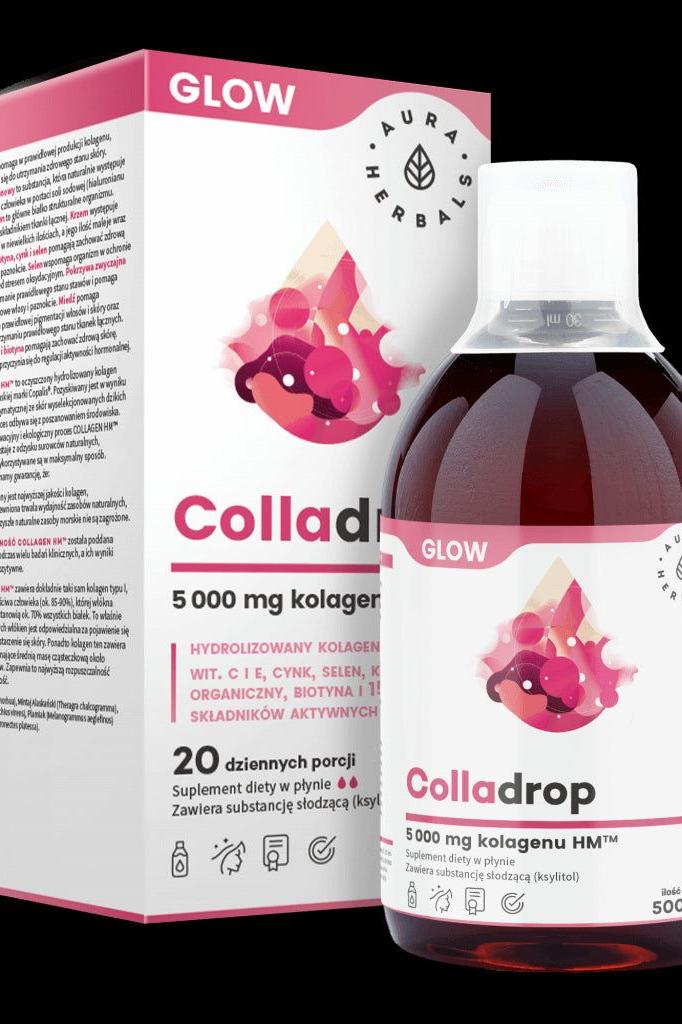 Aura Herbals Colladrop Glow bottle and packaging, featuring marine collagen and 20 active ingredients for skin and joint health.