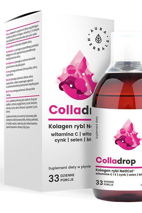 Aura Herbals Colladrop liquid fish collagen with vitamin C in a 500 ml bottle, promoting healthy skin and hair.