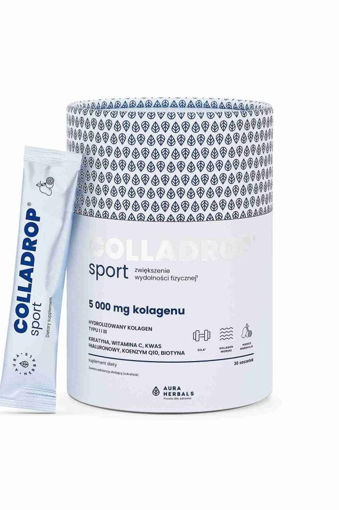 Aura Herbals Colladrop® Sport marine collagen supplements with sachet packaging.
