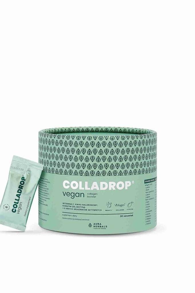 Aura Herbals Colladrop vegan collagen enhancer 2000mg sachets in green packaging, 30 pieces.