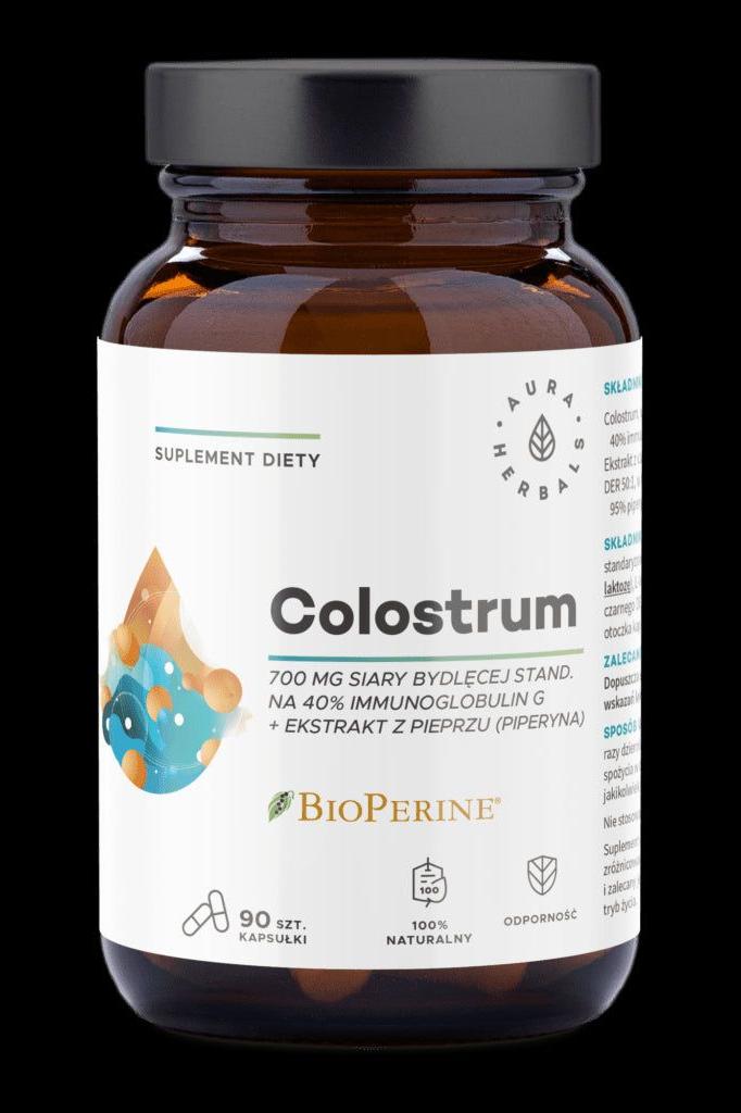 Aura Herbals Colostrum supplement bottle with 700 mg colostrum and Bioperine, 90 capsules for immune support.