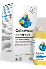 Aura Herbals Colostrum Extract, 100% pure bovine colostrum liquid in packaging, 125 ml bottle.