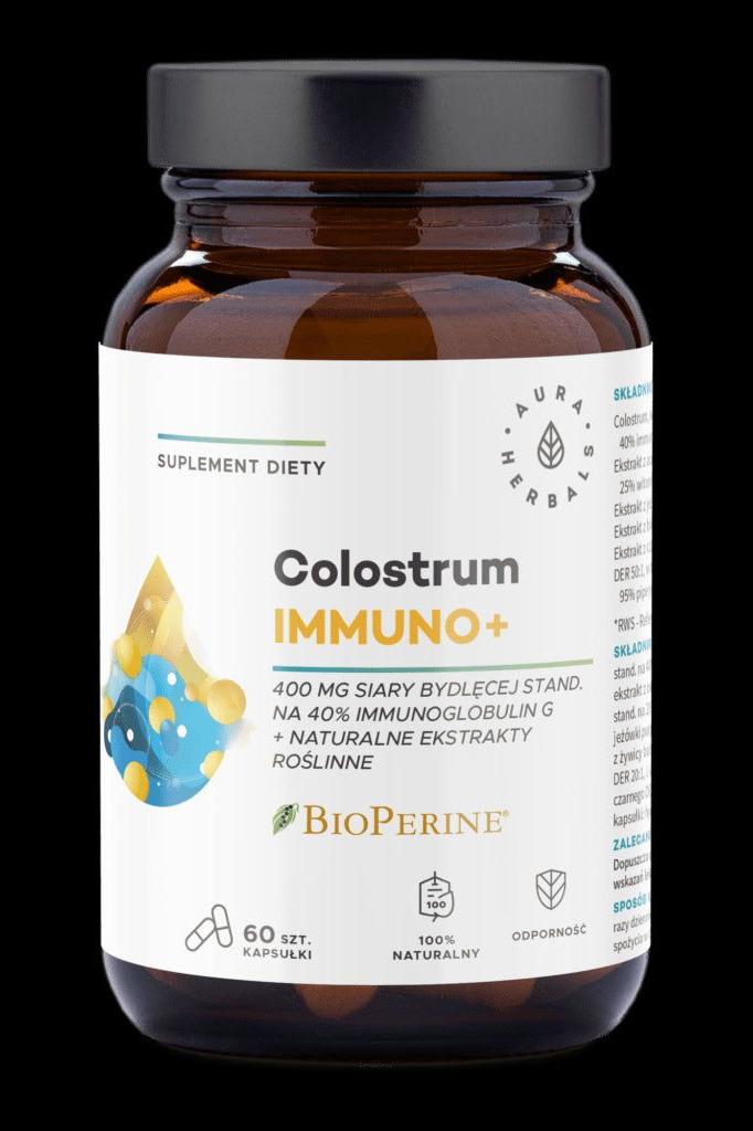 Aura Herbals Colostrum Immuno+ supplement bottle with Bioperine for immune support and natural ingredients.