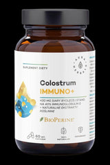 Aura Herbals Colostrum Immuno+ supplement bottle with Bioperine for immune support and natural ingredients.