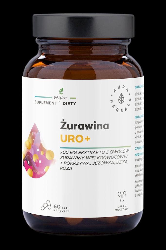 Aura Herbals Cranberry Uro+ supplement bottle, contains natural ingredients for urinary health, 60 vegan capsules.