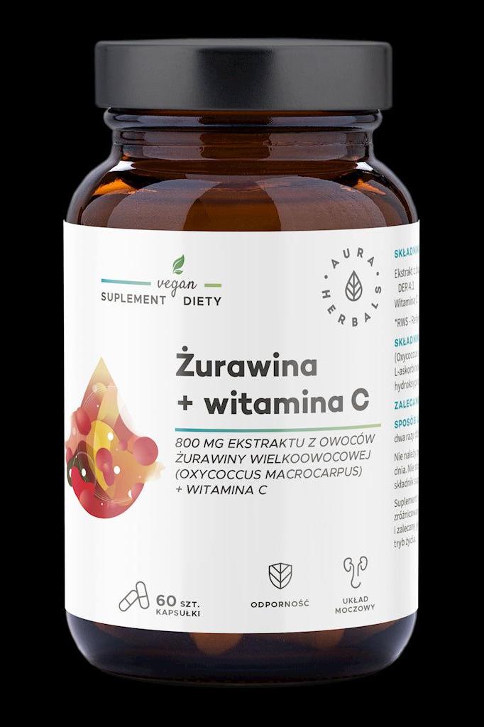 Aura Herbals Cranberry + Vitamin C supplement in a 60-capsule bottle, promoting antioxidant protection and urinary health.