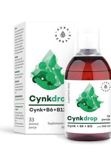 Aura Herbals Cynkdrop supplement with Zinc, B6, and B12 in a 500 ml bottle and box.