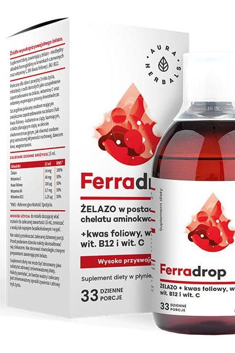 Aura Herbals Ferradrop liquid iron supplement bottle with vitamins B12 and C, 500ml packaging design.