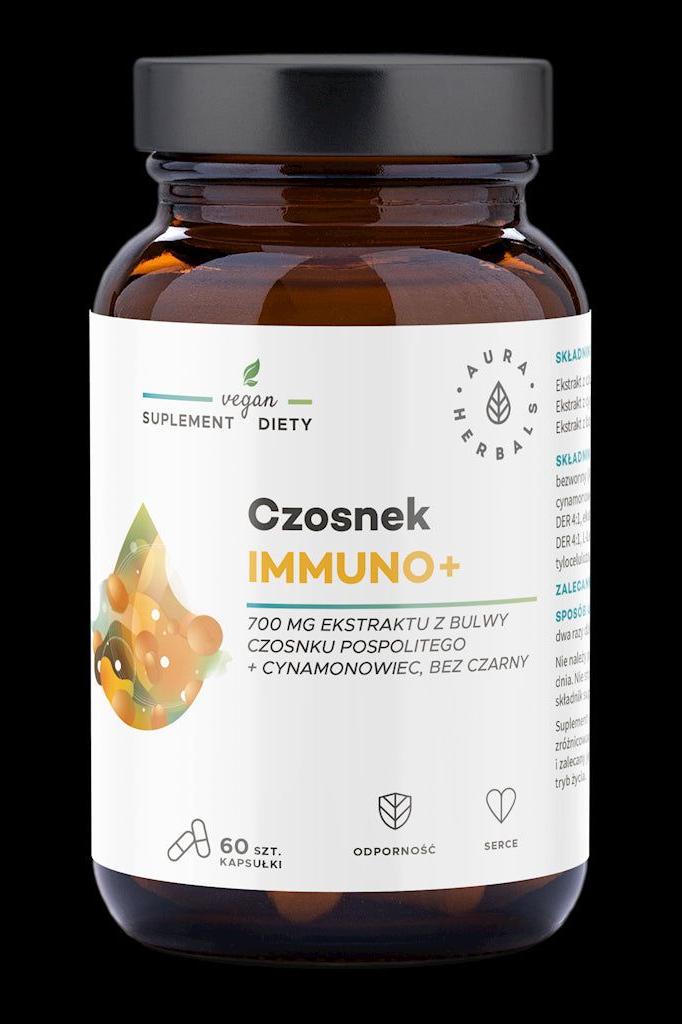 Aura Herbals Garlic Immuno+ supplement 700 mg with herbs for immune support and heart health, 60 vegan capsules.