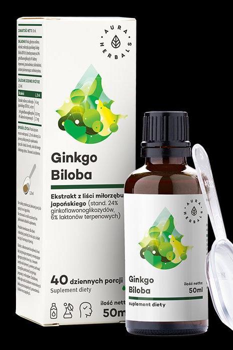 Aura Herbals Ginkgo Biloba extract 50ml bottle with measuring spoon, labeled for cognitive support and circulation.