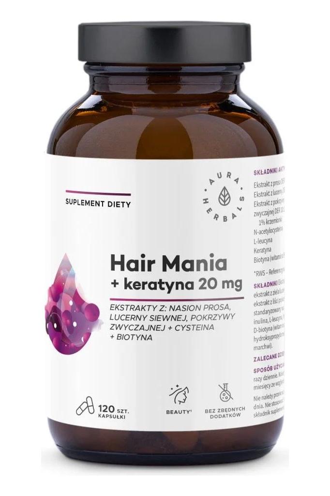 Aura Herbals Hair Mania + Keratin 20 mg dietary supplement bottle for hair, skin, and nails support, 120 capsules.