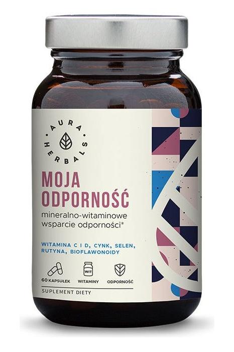 Aura Herbals Immune System Support supplement bottle with vitamins and minerals in 60 capsules.