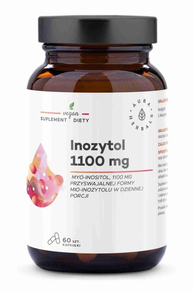 Aura Herbals Inositol 1100 mg supplement bottle, 60 vegan capsules, supports nervous and reproductive systems.