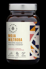 Aura Herbals liver support supplement with artichoke, turmeric, and milk thistle in a glass jar.