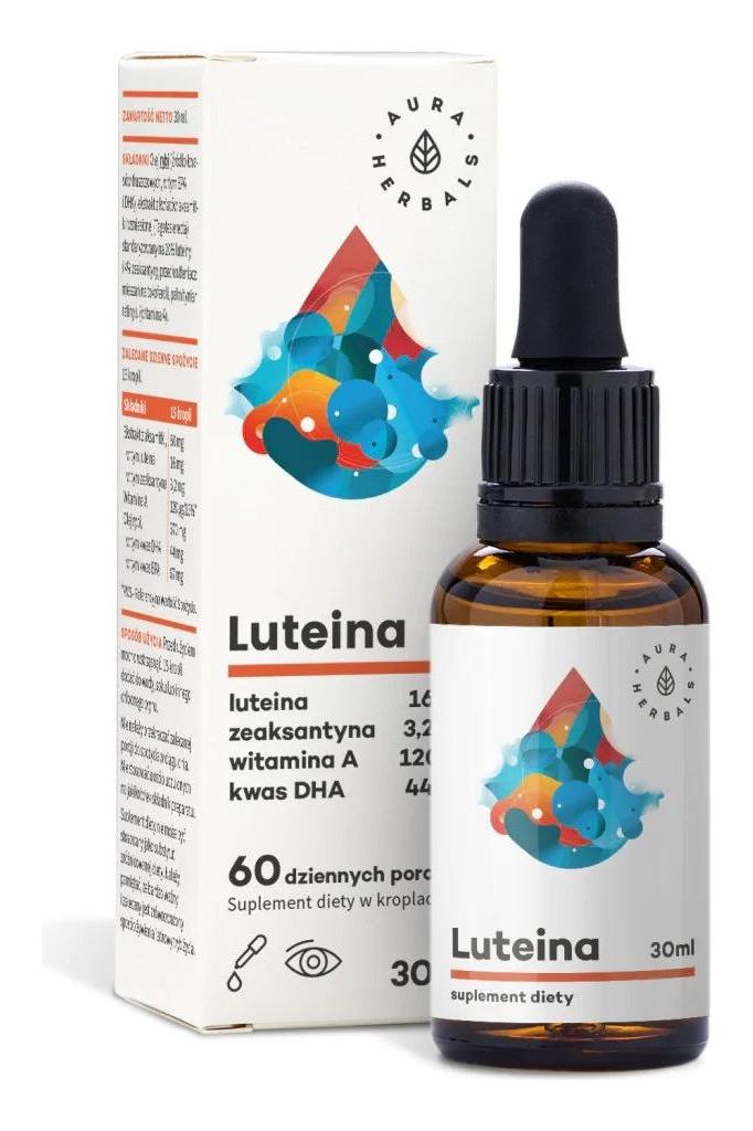 Aura Herbals Lutein 30ml dropper bottle with packaging, featuring lutein and zeaxanthin for eye health.